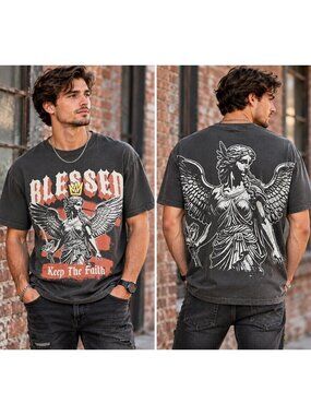 VTG Legend Blessed Keep The Faith Angel Graphic T Shirt Mens S Streetwear Gothic